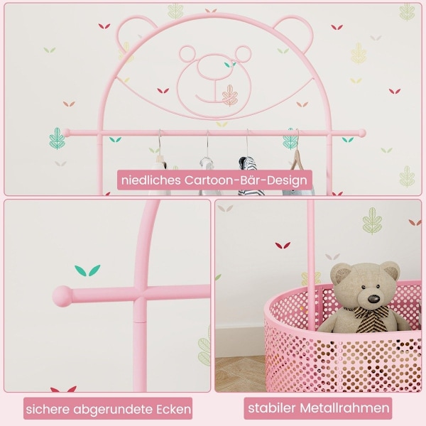 Barnklädställ höjdjusterbar från 130cm/150cm/182cm klädstativ på hjul rosa
