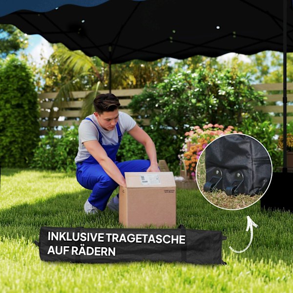 Pavillon ca. 3x3m, vandafvisende, stabil, vintersikker pop-up foldepavillon med UV-beskyttelse 50+, sammenfoldeligt partytelt, havetelt med rulletaske