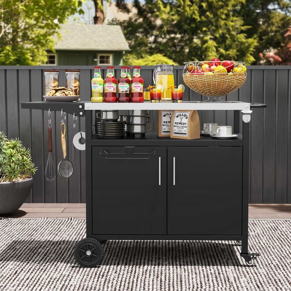 Grillvogn med opbevaring, sammenklappelig rustfri top, sort