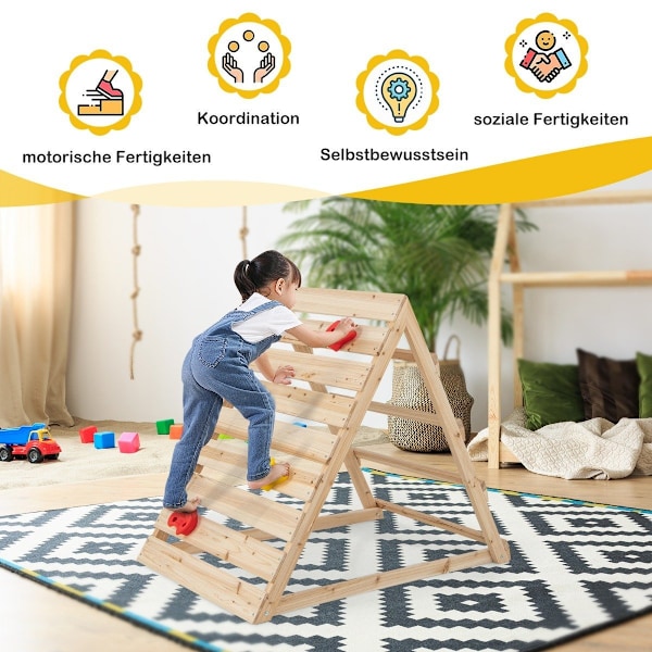 Kaksipuolinen kiipeilykolmio puinen kiipeilylelu, jossa kiipeilykiviä ja kiipeilytikkaita 112 x 70 x 96 cm luonnollinen
