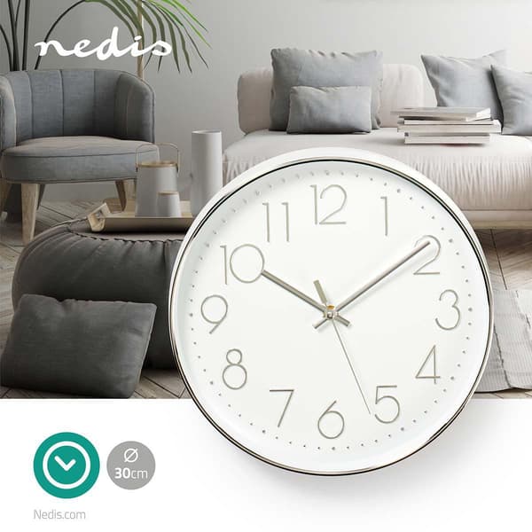 Väggklocka | Diameter: 300 mm | Plast | Silver / Vit