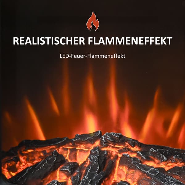 Elektrisk pejs med LED-flamme, 1000W/2000W, sort