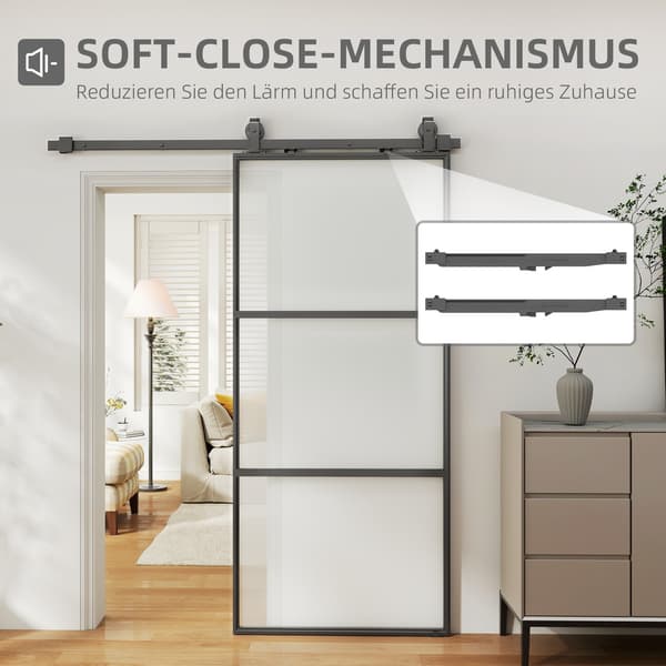 Skydedørssæt med matteret glas, soft-close, sort stål