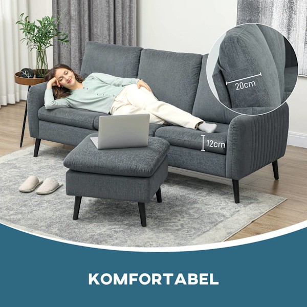 Hjørnesofa med sovefunktion, sofa med fodskammel, 3 pudepuder, hjørnesofa, L-formet sofa til stue, soveværelse, 196 x 140 x 88 cm, grå Aosom
