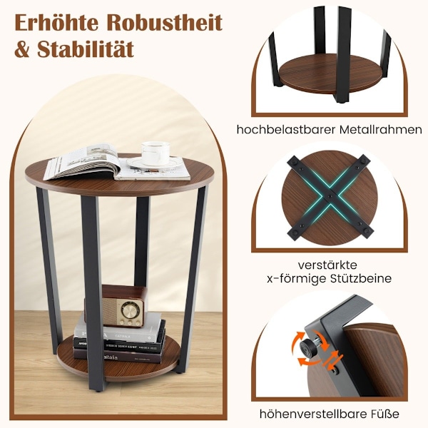 Rundt sidebord med åben hylde &amp; Metalramme 2 Tier Accent Bord Sofa Bord Valnød