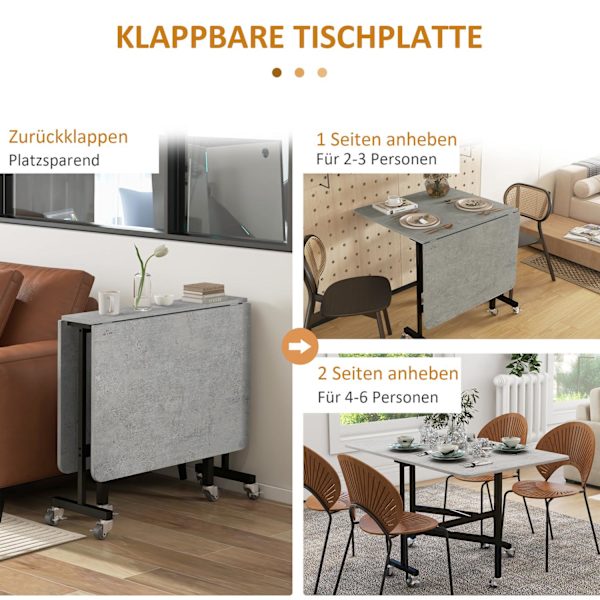 Matbord, fällbart köksbord med hjul, stålben, hopfällbart bord för 4-6 personer, matsalsbord, 52,5-120 x 80 x 73 cm