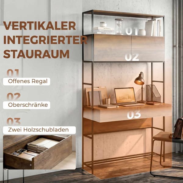 Computerbord med hylder og 2 skuffer, brun, 185 cm