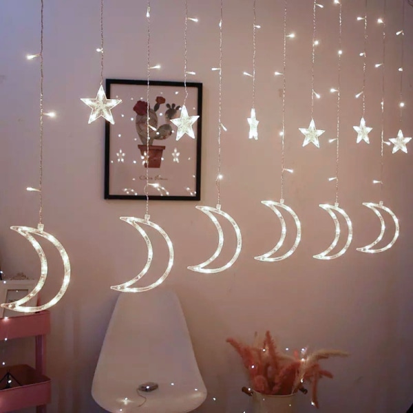 Månelys, stjerner, julelys, gardin, 96LED