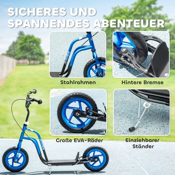 Børneløbehjul, justerbart styr, store hjul, blå
