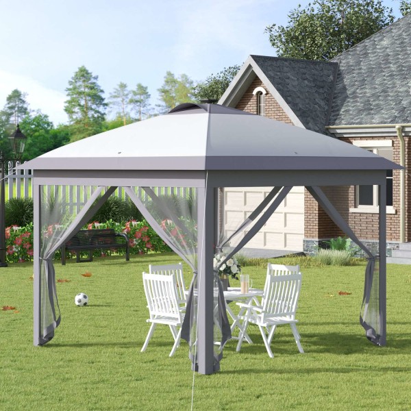 Gazebo 3,3X3,3M Kokoontaitettava Huvimaja Led Usb Pop-Up Mesh Sivuseinät Aurinkosuojalaukku Oxford Grey