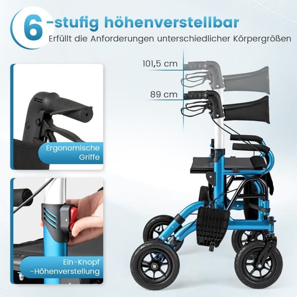 2-i-1 rollator og kørestol, luftdæk, foldbare