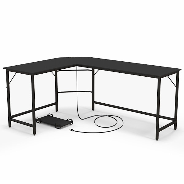 L-format datorbord med eluttag &amp; CPU-stativ &amp; Robust metallram hörnskrivbord svart