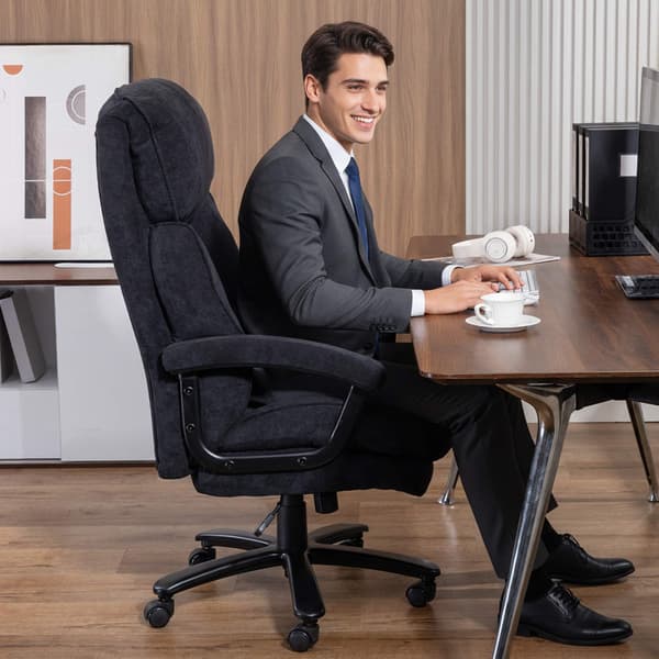 Ergonomisk kontorstol, fløjlslook, høj ryg, sort, 200 kg kapacitet