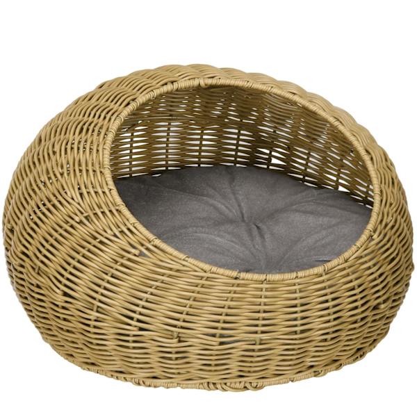 Rottinkissakori, kissantalo, tyynyllä kissantalo kissoille enintään 4 kg, lemmikkisänky, kissaluola, sisätiloissa, PE-rottinki, Ø50 x 31 cm, vaaleanru