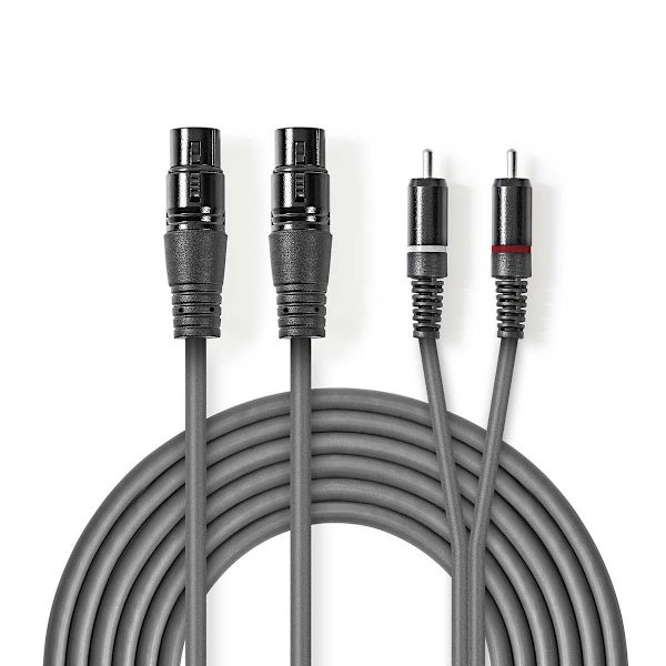 Balanserad ljudkabel | 2x XLR 3-Pin Hona | 2x RCA Hane | Nickelplaterad | 3.00 m | Rund | PVC | Mörkgrå | Kartonghylsa