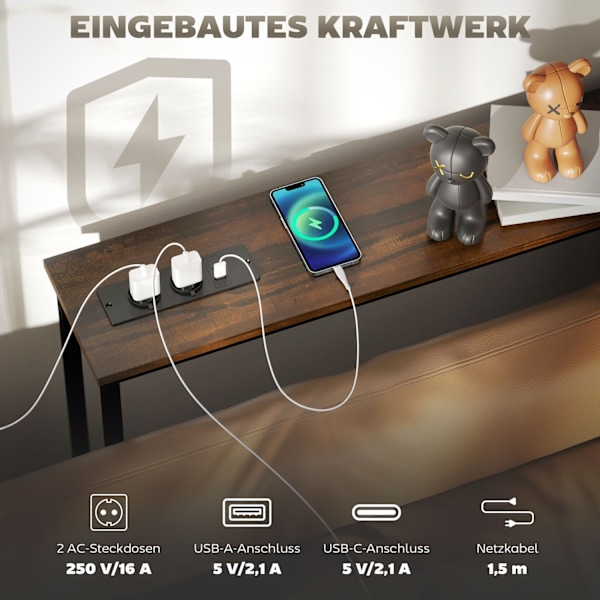 Konsolbord, gangbord med integreret ladestation, stålben, smalt sidebord i industriel stil til entre, entre, kontor, stål, 160 x 20 x 80 cm, rustik br