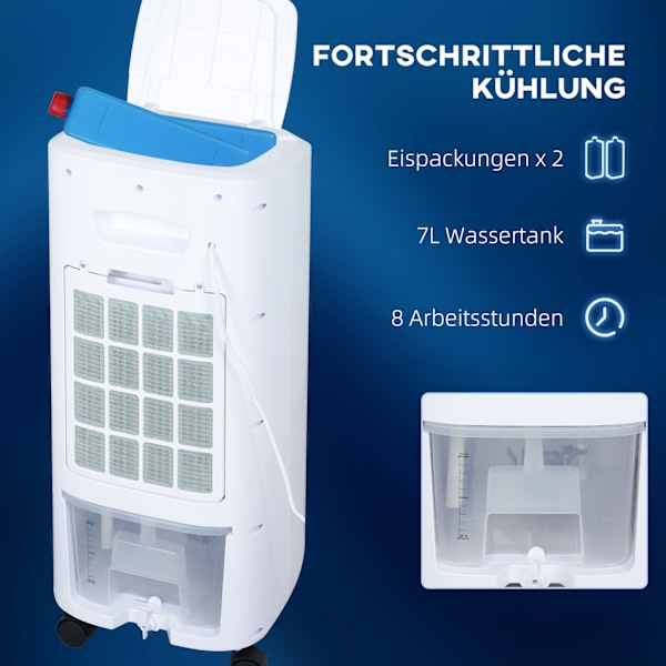 3 i 1 mobil luftkonditionering med befuktning Vattenkylning, automatisk oscillerande 7L luftkonditionering med 7,5h timer, 3 hastigheter 65W luftkylar