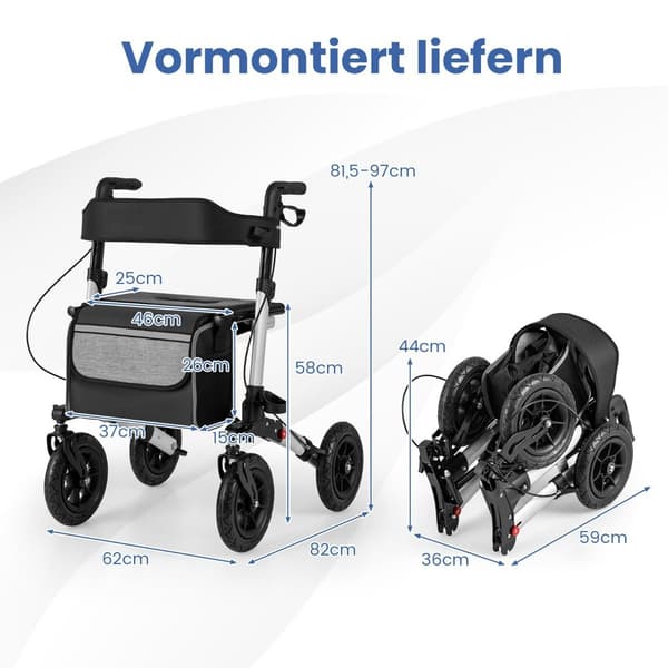 Fällbar lättviktsrollator med luftdäck, aluminium, 140 kg kapacitet