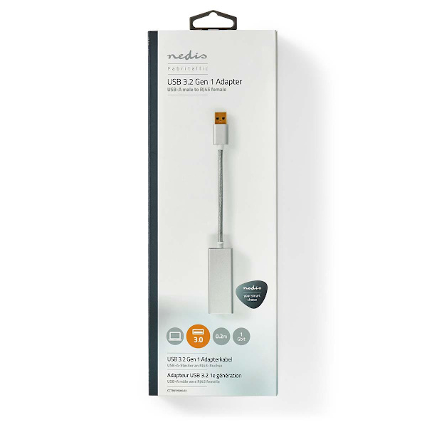 USB-verkkosovitin | USB 3.2 Gen 1 | 1 Gbps | USB-A Uros | RJ45 Naaras | 0.20 m | Pyöreä | Kullattu | Puhdas kupari | Hopea | Laatikko kannella ja ikku