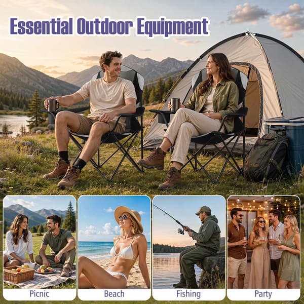 Hopfällbara campingstolar med mugghållare, svarta – 2-pack