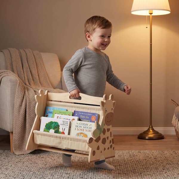 Barnbokhylla med 4 tygfickor – Giraffdesign