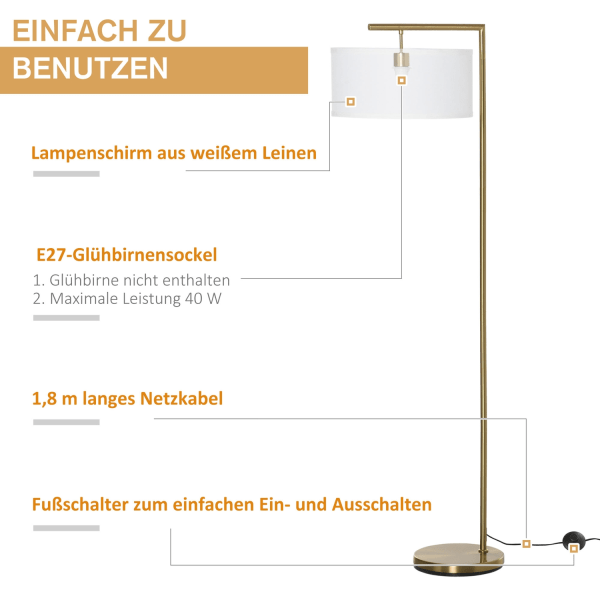 Golvlampa Golvlampa E27 Sockel För Vardagsrum Sovrum Kontor Metall Stål Linne Guld + Vit 47 X 37 X 153 Cm