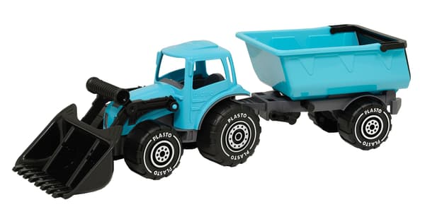 Blå traktor med frontlæsser og anhænger, 56 cm