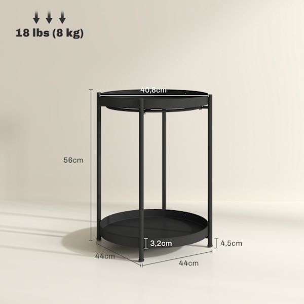 Sidebord, sofabord med 2 hylder, rundt sofabord, til stue, soveværelse, 44 x 44 x 56 cm, stål, sort