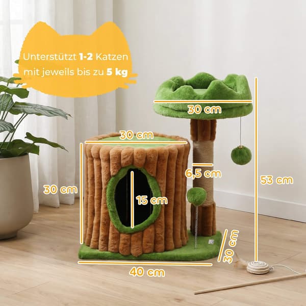 Kradsetræ med hule, jutestolper, 2 bolde, brun/grøn