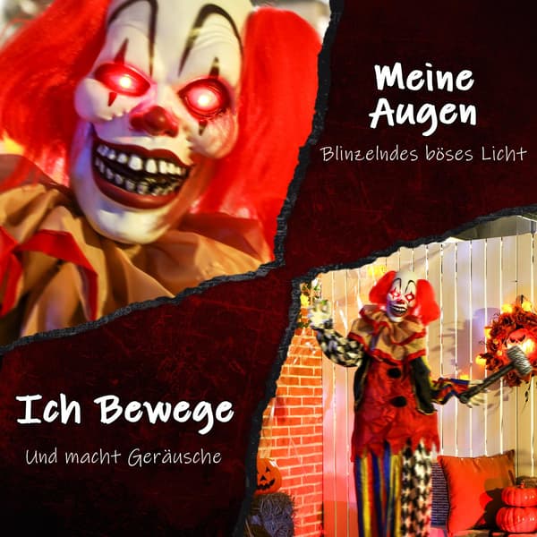 Halloween Animatronisk Clown, 173 cm, Lysande Ögon