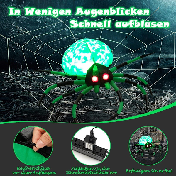 Oppustelig Halloween-edderkop med edderkoppespind med roterende LED-lys