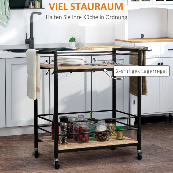 Serveringsvogn Køkkenvogn Med 2 Niveauer, Håndtag, Hjul Med Bremser, Rækværk, Bæreevne 60 Kg, 82X40X75 Cm