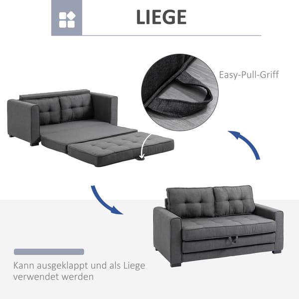 Bäddsoffa, hopfällbar soffa, 2-sits, bäddsoffa med sovfunktion, linnetouch, gummiträ, grå, 147,5x75x85cm