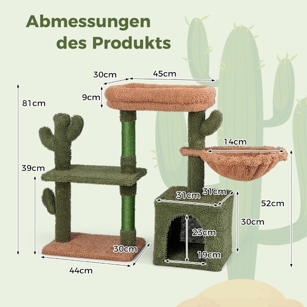Skrapstolpe kaktus kattträd med plattformar hängmatta kattgrotta grön + brun (81 cm hög)