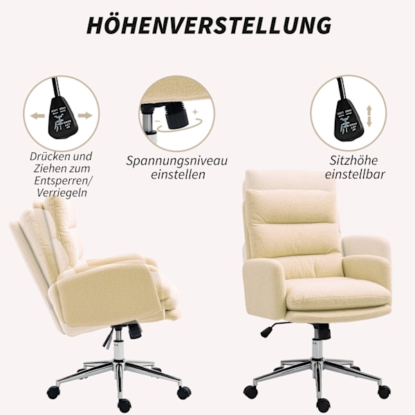 Kontorsstol Ergonomisk skrivbordsstol med armstöd, lammullslook, höjdjusterbar snurrstol med vippfunktion, vadderad hemmakontorsstol, krämvit |