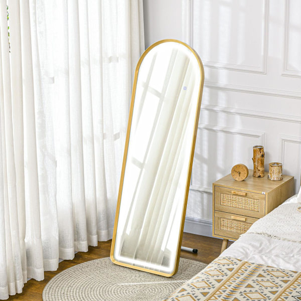 Fuldlængde Spejl Med Led Lys Vægspejl, Stående Spejl, Dæmpbart, Garderobespejl Med Touch Switch, Guld, 47X146 Cm