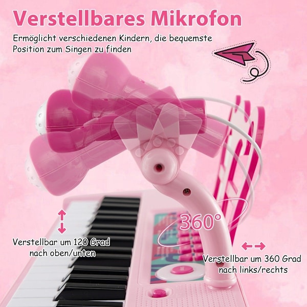 37 tangenter barnklaviatur barnpiano elektronisk med pallmikrofon & notställ rosa