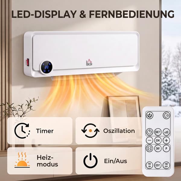 Väggvärmefläkt 2000 W med fjärrkontroll och LED-display, vit, 12-timmars timer