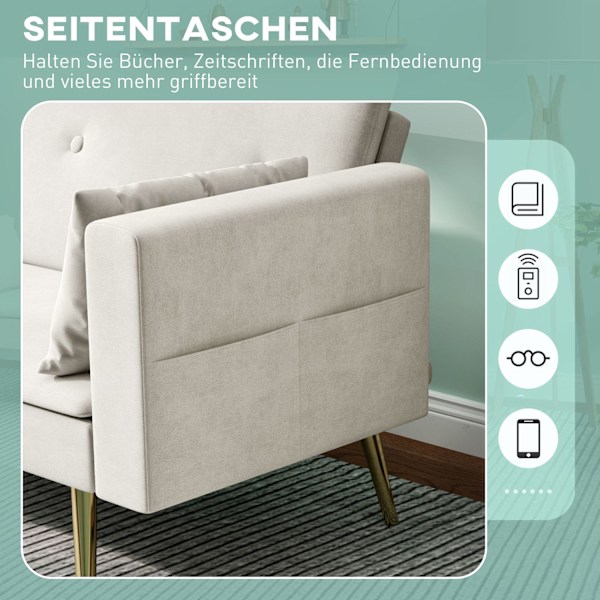 Bäddsoffa, bäddsoffa med justerbart ryggstöd, sidoficka, vadderad 2-sits soffa med sovfunktion, kuddar, för vardagsrum, sovrum, beige