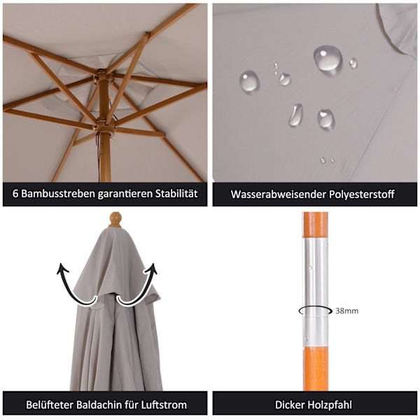Parasolhaveparaply Med 3-Lags Solbeskyttelse, Bambus & 180/㎡ Polyester, Grå, Ø2,5 X 2,3 M
