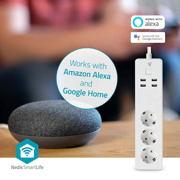 SmartLife Stikdåse | Wi-Fi | 3 x EU stik (CEE 7/3) / 4 x USB | 16 A | 3680 W | 1.80 m | -10 - 40 °C | Android™ / IOS | Hvid