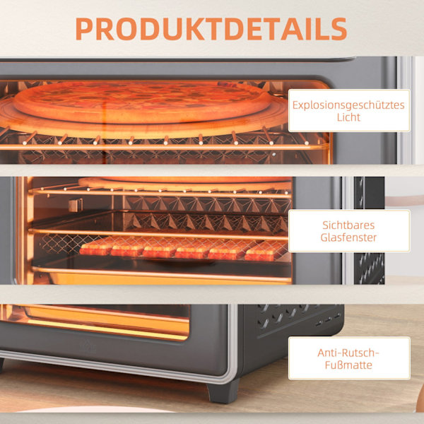 Miniuuni kiertoilmalla 20L miniuuni uunipellillä, grilliritilä ja murupelti, 90°C-230°C kuumailmakeitin 5 tilassa, paistokori, ajastin 60 min, 1400W,