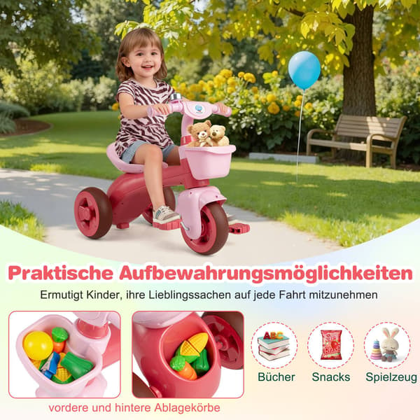 Trehjuling för småbarn med begränsad styrning, rosa, ergonomisk sits