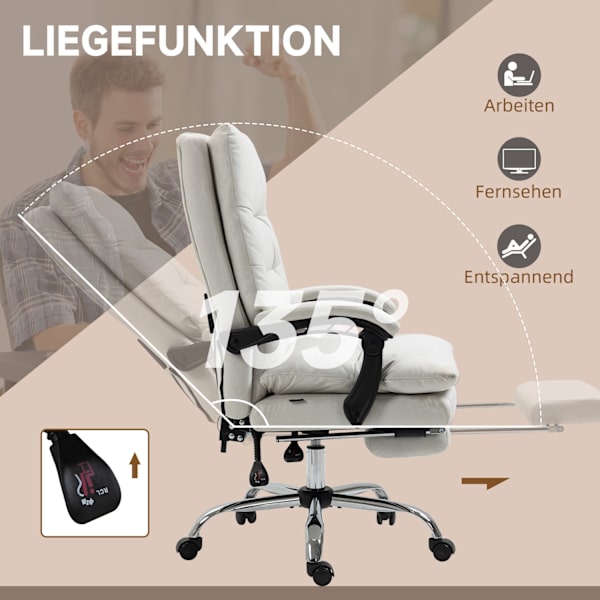 Kontorstol med massagefunktion, med 135° vippelig ryglæn, højdejusterbar, belastning 120 kg kunstlæder 65x72x109-117cm cremehvid
