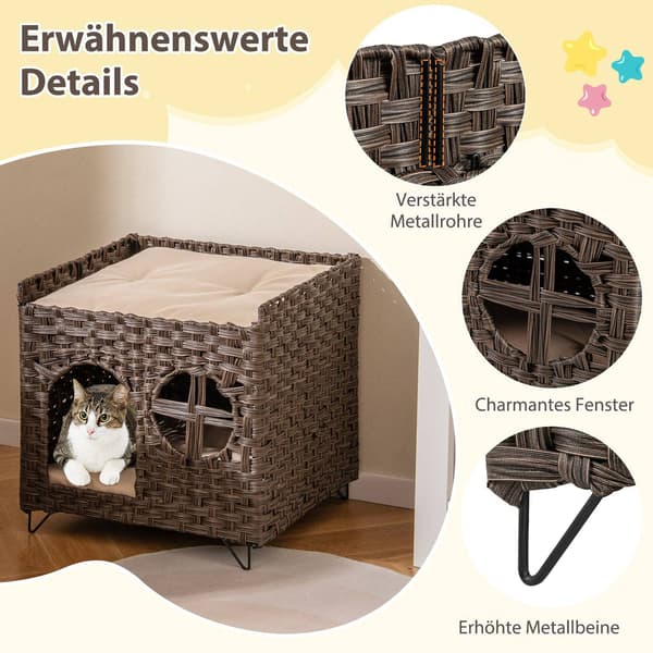 Hopfällbart katthus i rotting med 2 våningar och kuddar