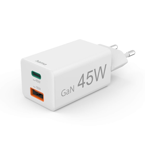 HAMA Laddare 1x USB-C 1x USB-A GaN 45W Vit
