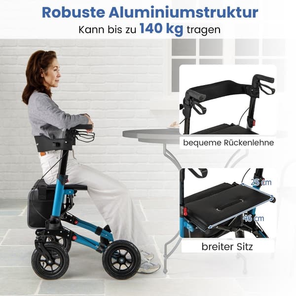 Fällbar lättviktsrollator med luftdäck, aluminium, 140 kg Kapacitet
