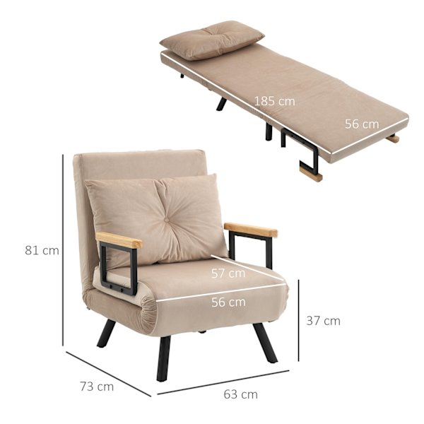 Sovesofa, Afslapningsstol Med Sengefunktion, Gæsteseng Med Fløjlslook, Rygpude, Polstret Sofa Med Justerbart Ryglæn, Beige, 63 X 73 X 81 Cm