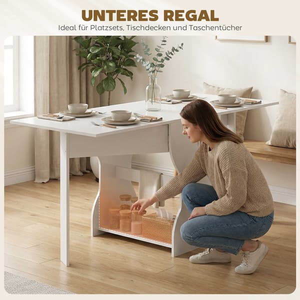 Hopfällbart matbord med förvaring, plats för 2-4, vit, 160x60x75 cm