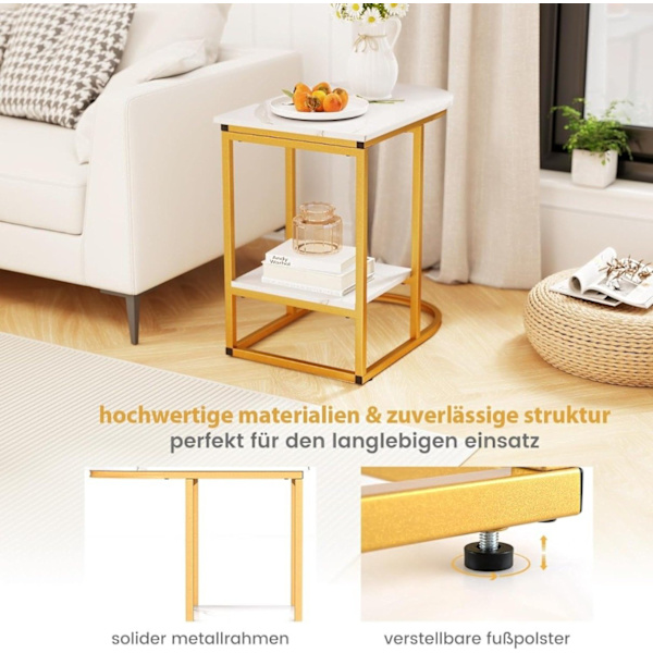 C-formet sidebord, imiteret marmor, 2-lags opbevaring